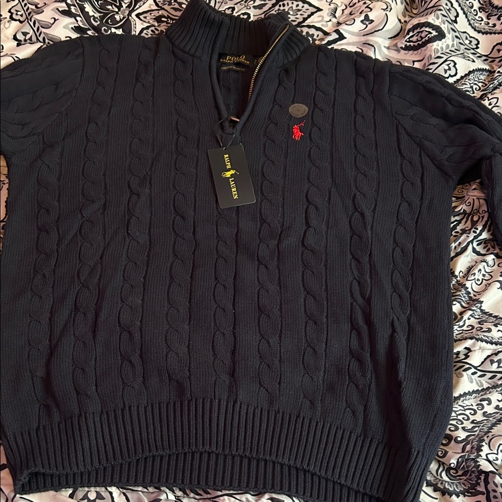 Ralph Lauren Men’s Black Cable-Knit Quarter-Zip Sweater with Red Pony